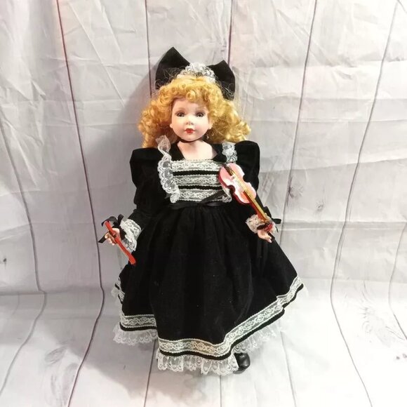 Porcelain Doll 16" With Black Lace Dress Holding Violin Instrument No Stand - Picture 9 of 9